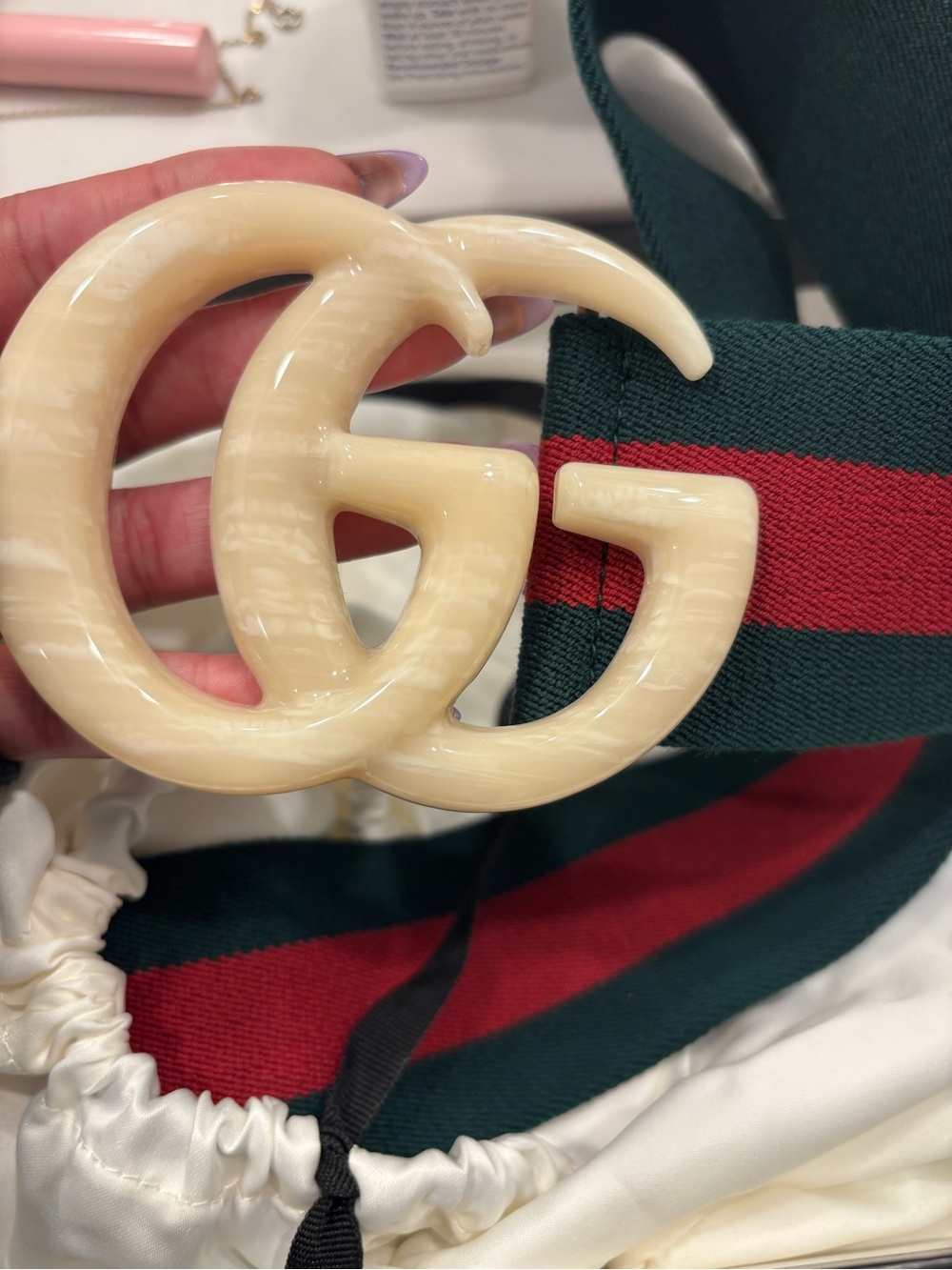 Gucci ivory double G buckle web belt with green and red stripe size 120 aka lrg